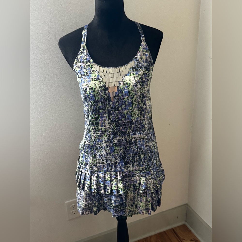 GO International Sleeveless embellished pleated layered ruffle‎ mini dress Sz S